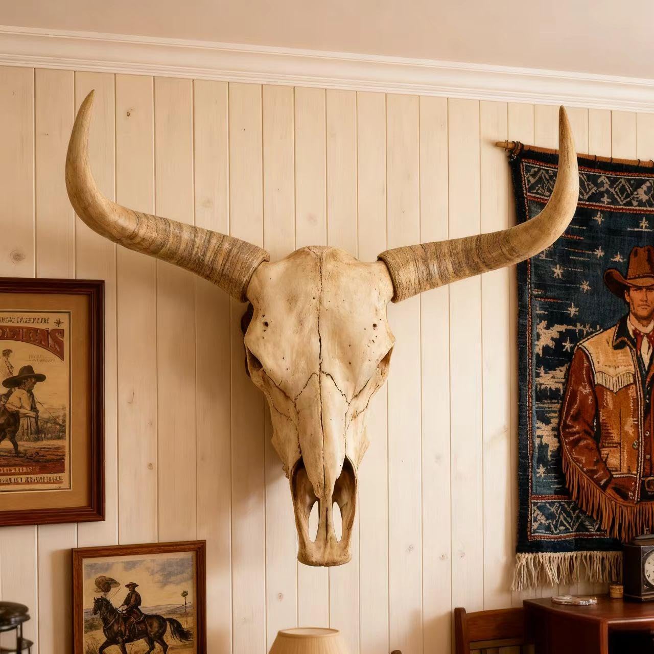 Cow Skull Wall Decor, Longhorn Wall Decor with Carved Details, Hand-Carved Authentic Taxidermy Cow Skull Bull Skull Wall Decor 27 * 25 * 10inch,Brown 1
