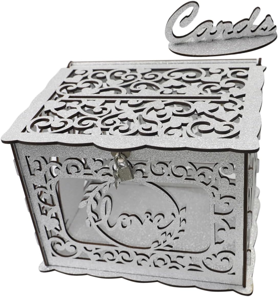 OSALADI Wooden Hollow Card Box Glitter Wedding Money Envelope Holder Portable Greeting Cards Container Anniversary Reception Decoration