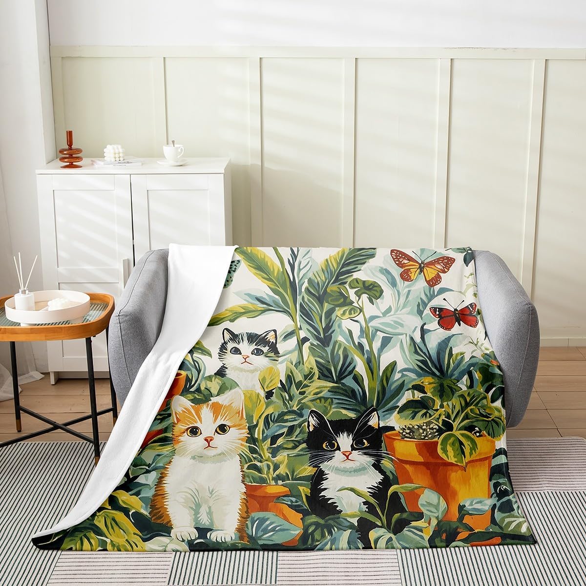 Kawaii Cats Fleece Blankets,Cartoon Kitten Pet Animal Garden Bed Blanket for Kids Teens,Rustic Green Botanical Potted Plants Leaves Flannel Blanket for Room Decor,Queen 90"x90"
