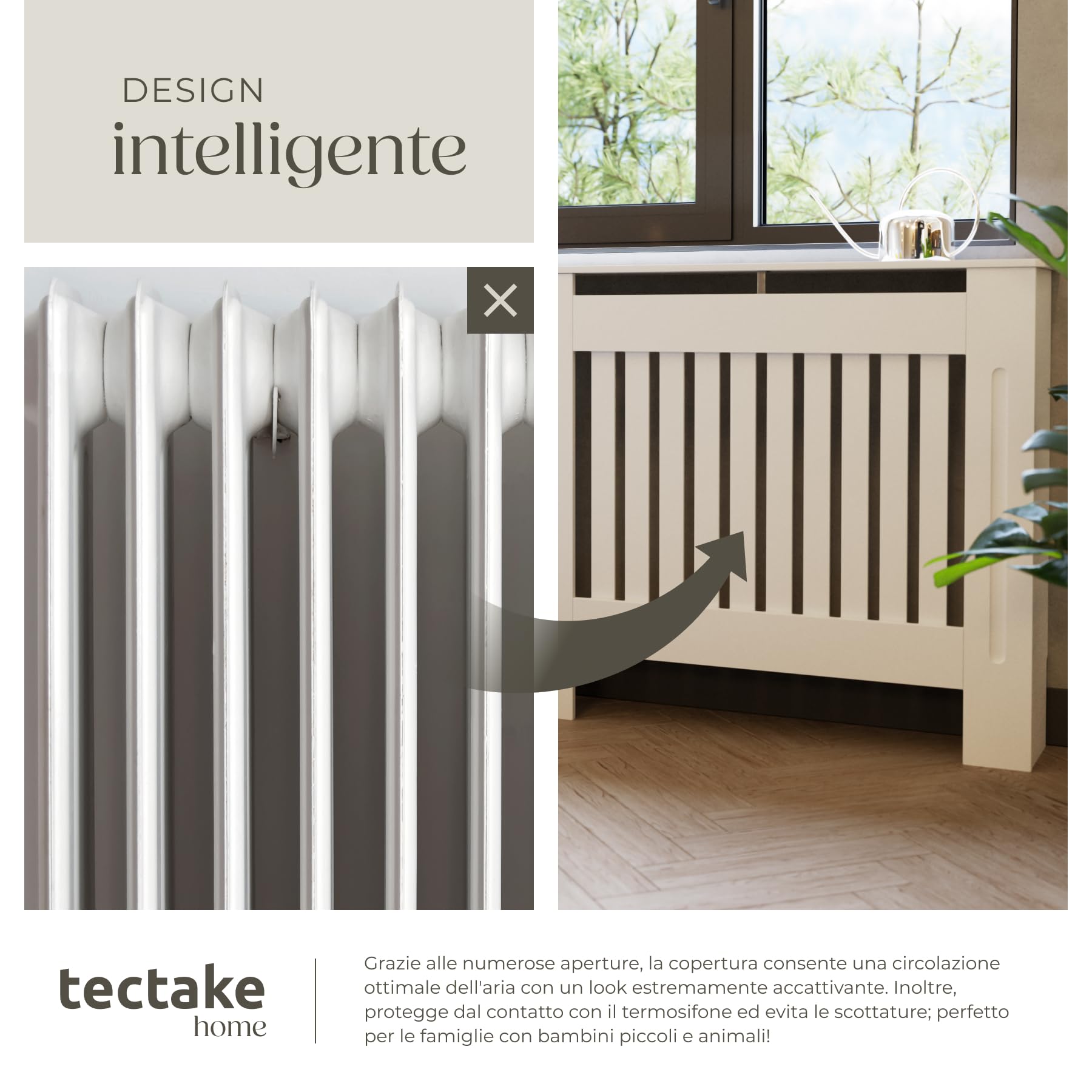 tectake® Copri Termosifoni con Ripiano, Copricalorifero Design a Lamelle, Copritermosifoni con Aperture per Circolazione Aria, Copertura Radiatori con Mensola da Termosifone, 172,3x19x82 cm- Bianco