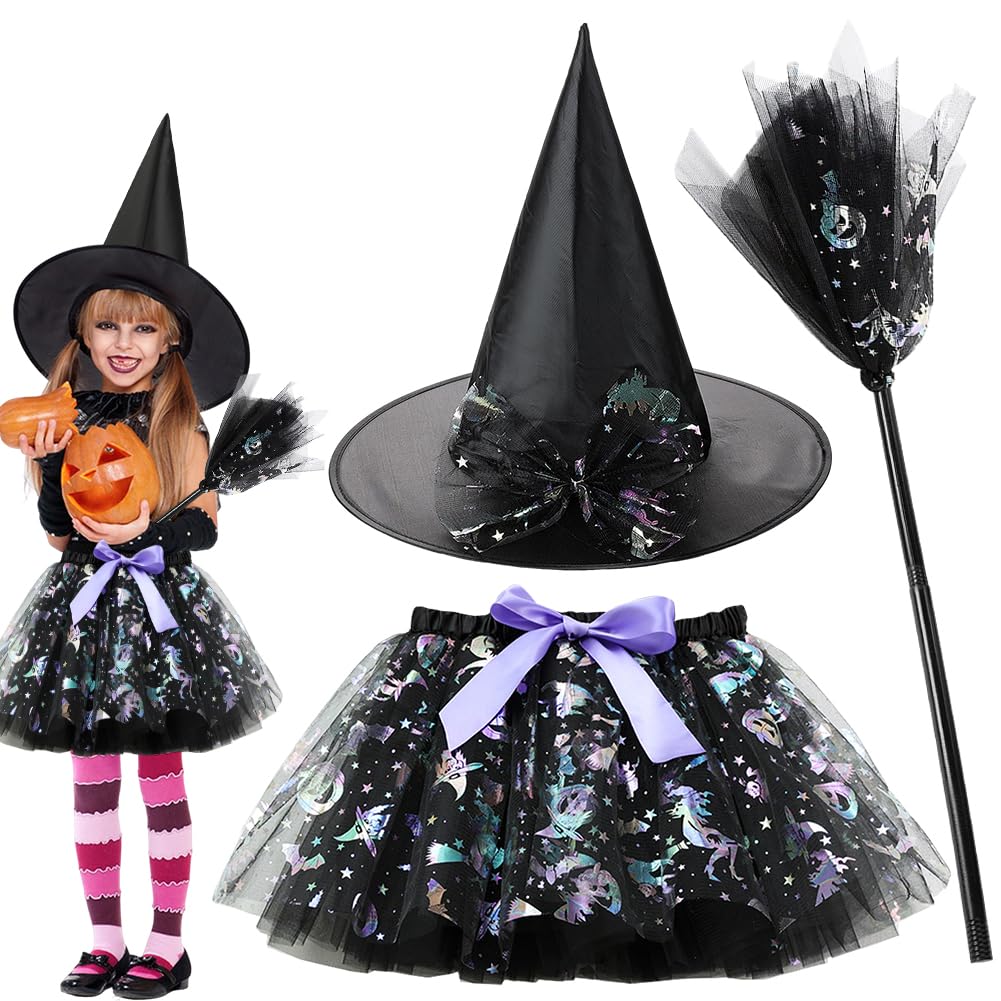 FCXVXCL Halloween Witch Skirt,3pcs Halloweens Outfits Witch Costumes Tutu Skirt Hat Witchs Broom for Kids Girls Halloween Fancy Dress Cosplay Costume