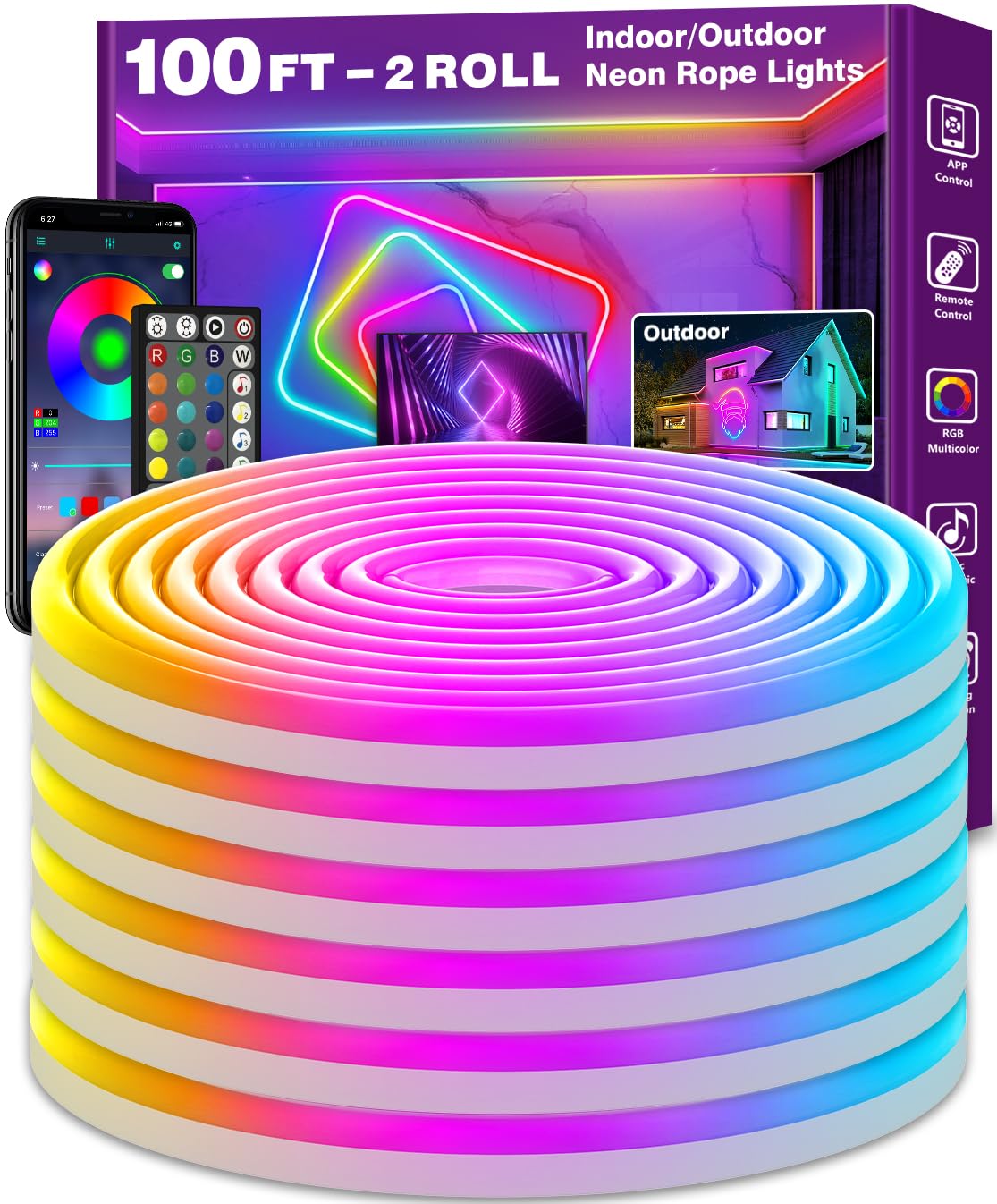 LETIANPAI 100Ft Led Neon Rope Lights,Control with App/Remote,Flexible