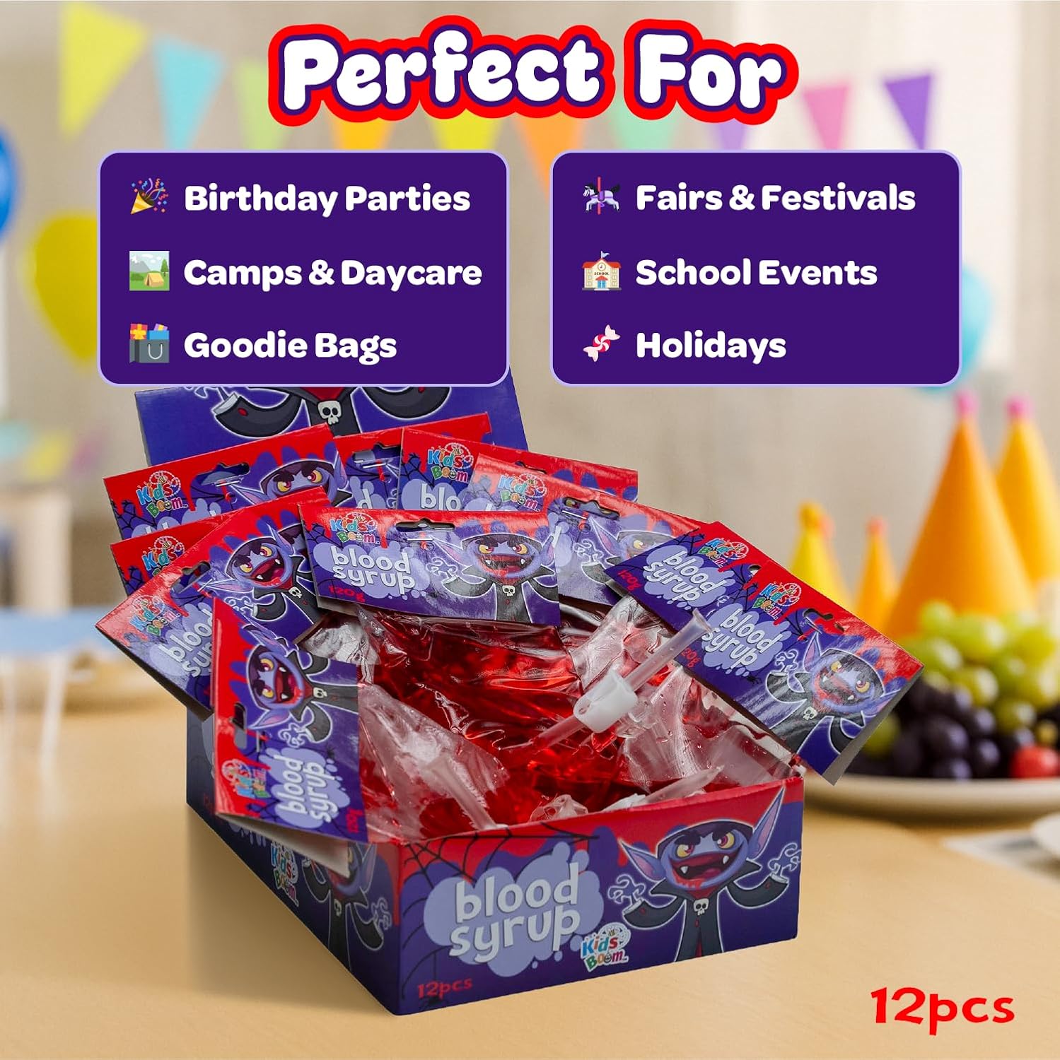 Edible Fake Blood for Drinks - Vampire Accessories- 12 Pack Halloween Blood Bags for Drinks, Spooky Party Decorations & Vampire Decorations