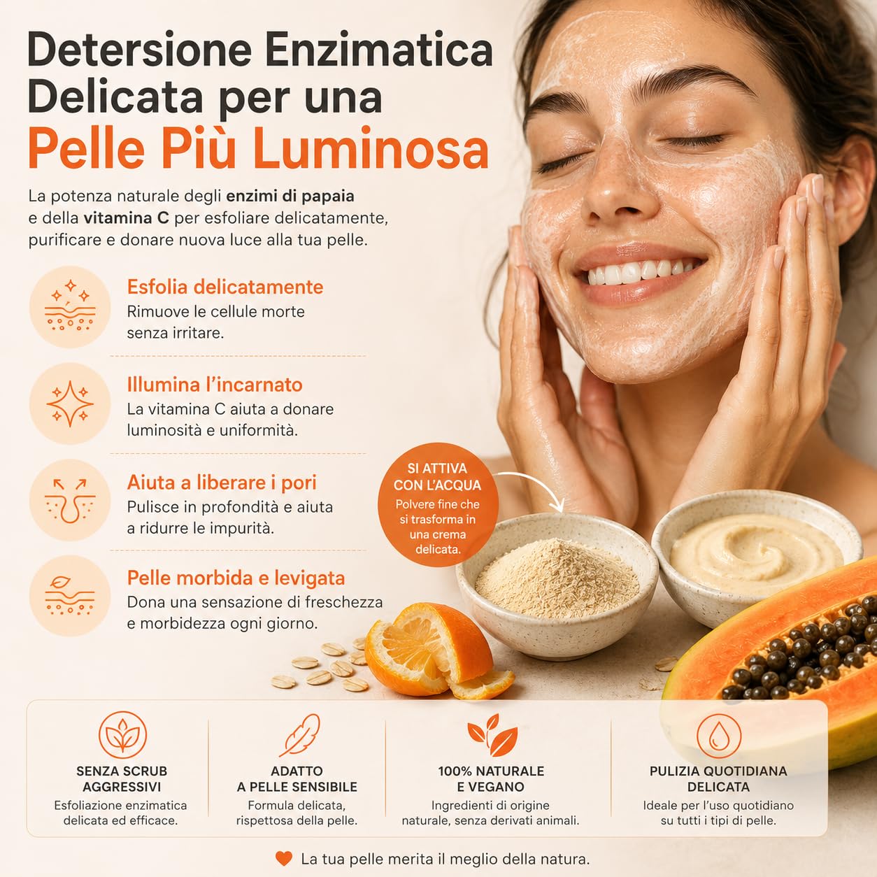 Papaya + Vitamina C - Polvere detergente enzimatico viso 50 g | Esfoliante naturale illuminante con enzimi di papaia, avena colloidale, caolino e buccia d'arancia | 100% naturale e vegano