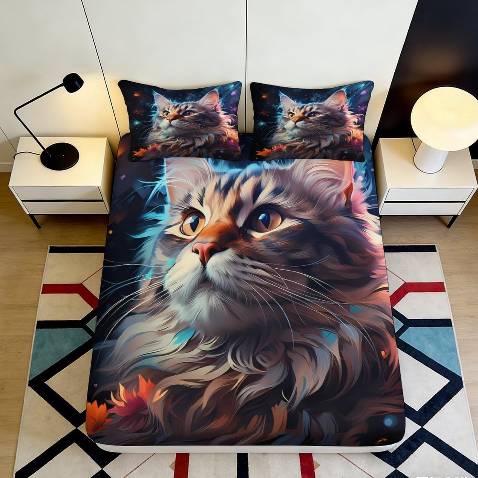3D Printed Cat Portrait Fitted Sheet Microfiber Soft Anti-Slip Mattress Cover for Bedroom Dorm Easy Care Decor 120x200cm 160x200x25cm