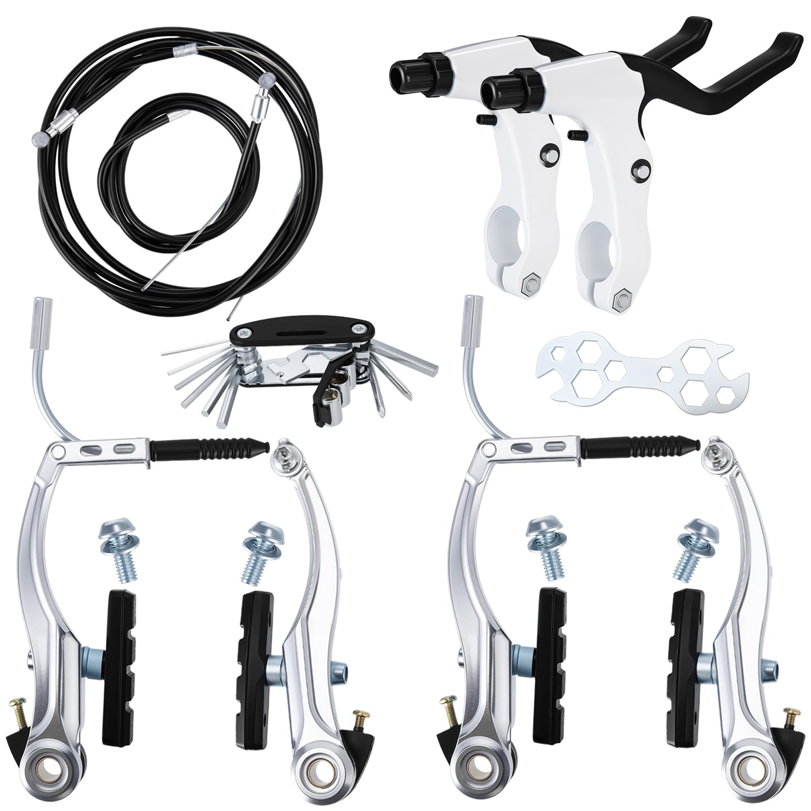 V Bike Brakes,Complete Universal Bicycle Brakes,Include V Brakes,Bike Brake Cable,Bike Brake Levers-Tool Wrenches,for Most Mountain Bikes and Road Bikes Silvery