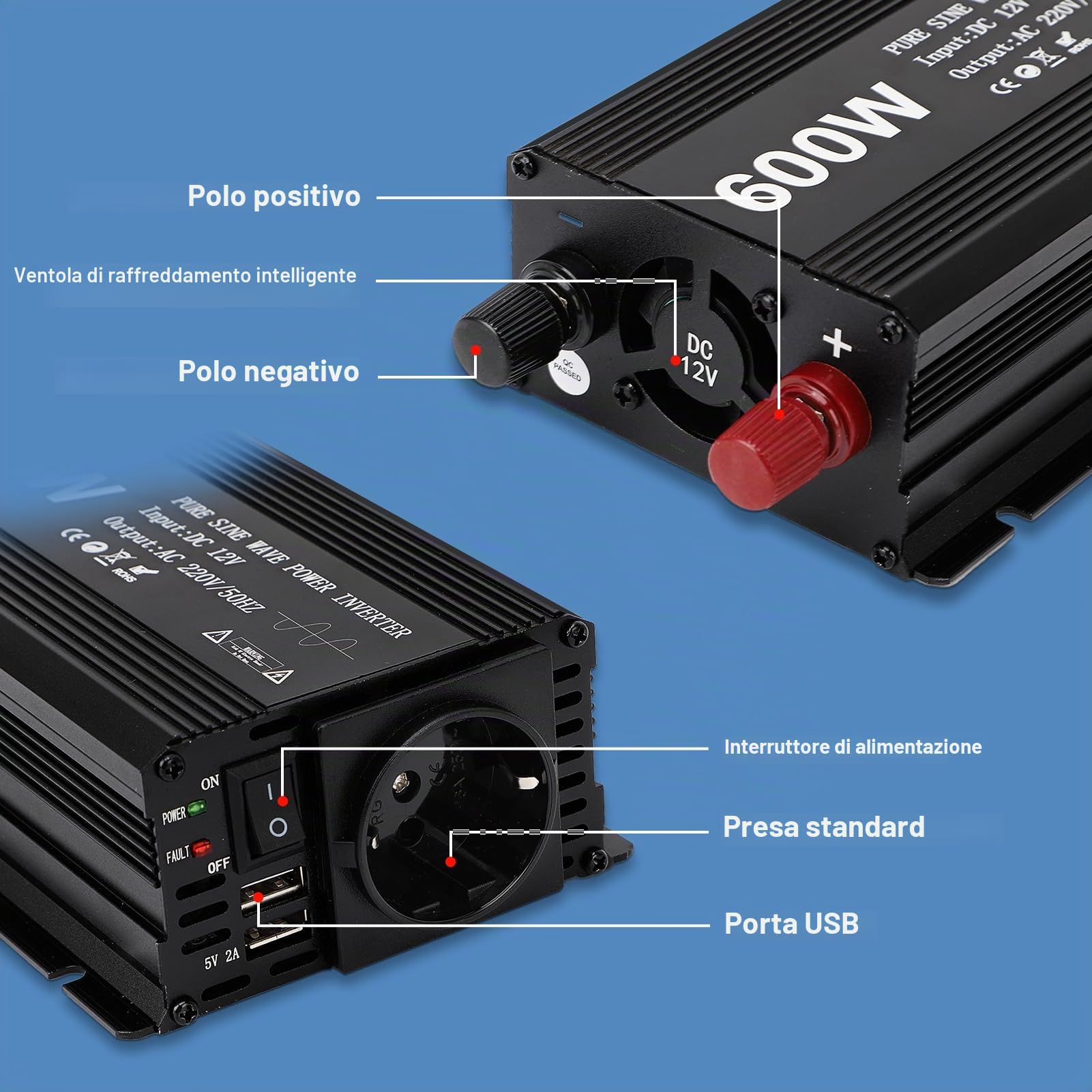 Inverter 12v 220v Onda Pura, 600W Convertitore di Tensione Onda