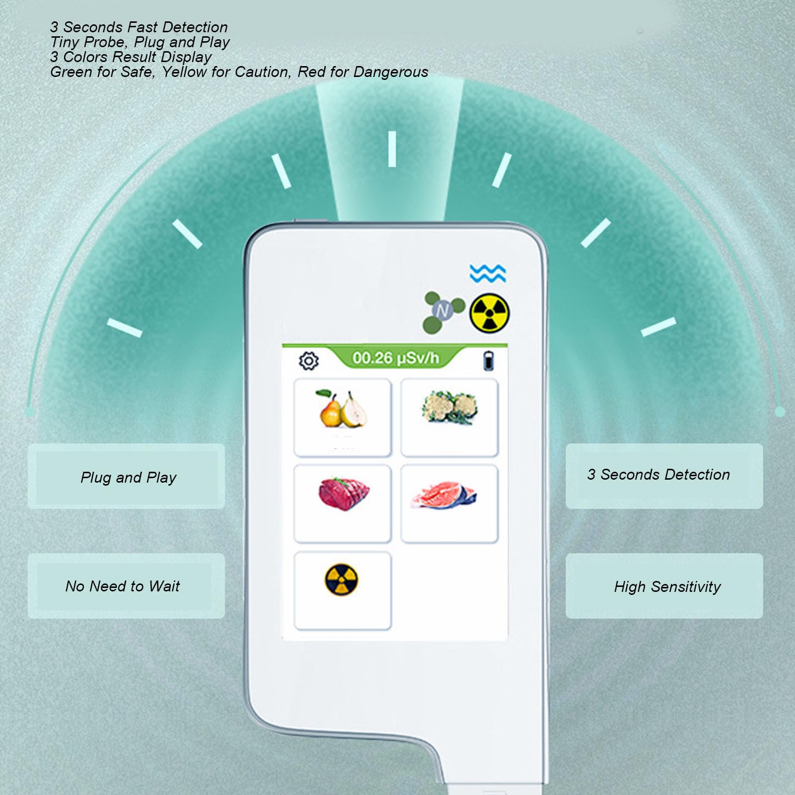 Medidor de Nitratos y Contador Geiger, Detector de Radiación Digital 2-en-1, Detección 0-9999mg/kg, Medidor de Radiación 0-99.99mSv/hr, Recargable para Mariscos, Frutas, Verduras (Blanco)