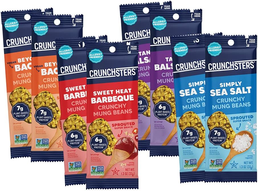 Crunchsters Crunchy Mung Beans Snack, Gluten-Free, Nut-Free, Vegan, 6g Protein/Serving or More, 1.3oz. Bags, Variety, 8-Pack
