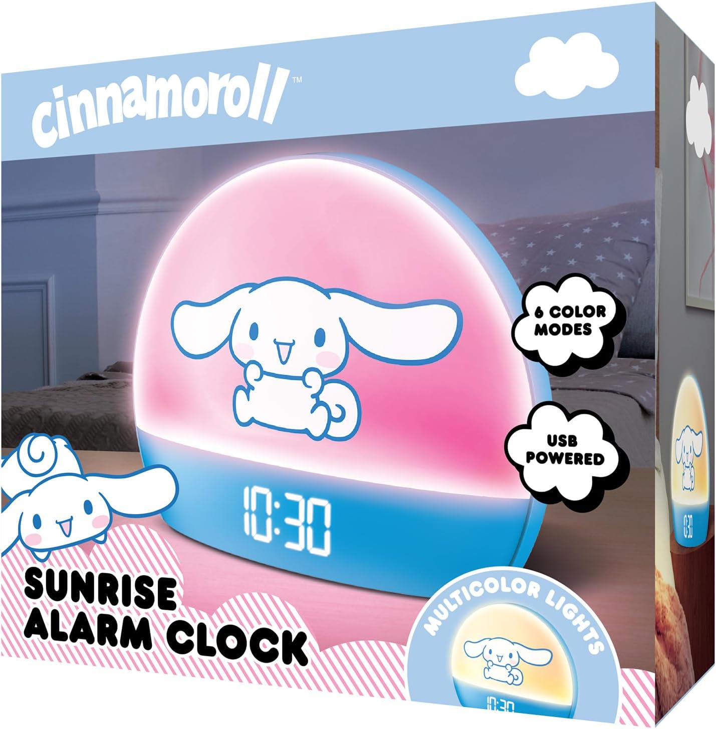 Front of the Hello Kitty Cinnamoroll Sunrise Alarm Clock packaging, showing the clock, 6 color modes, and USB powered features.