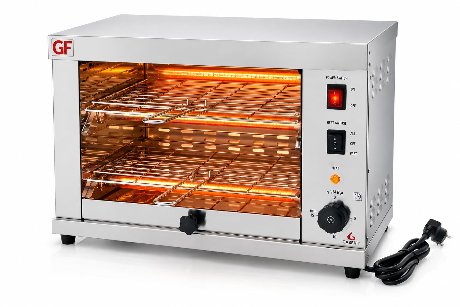 Tostador Eléctrico Industrial de Cuarzo 2 Plantas, opción temporizador, 3000W, Acero Inoxidable, Parrilla y Bandeja Recogemigas Extraíbles, Uso Profesional Hostelería