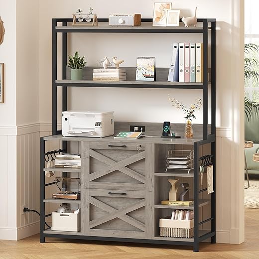 SEDETA File Cabinet with Charging Station, Vertical Filing Cabinet with Lock for Home Office, Printer Stand with Open Storage Shelf, Fits Legal/Letter/A4 Size, Grey