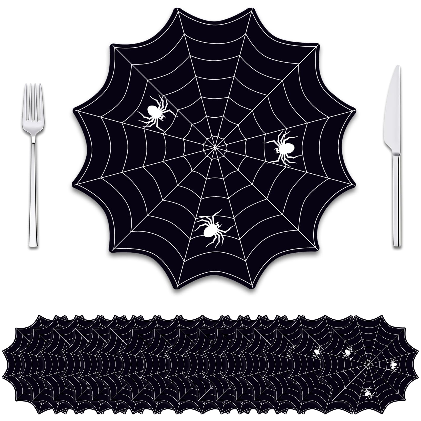 Photo 1 of 100 Pcs Spider Web Placemats 13 Inches Spider Web Placemats for Round Table Black and White Spider Decorative Placemats for Kitchen Home Halloween Christmas Party Decoration Supplies