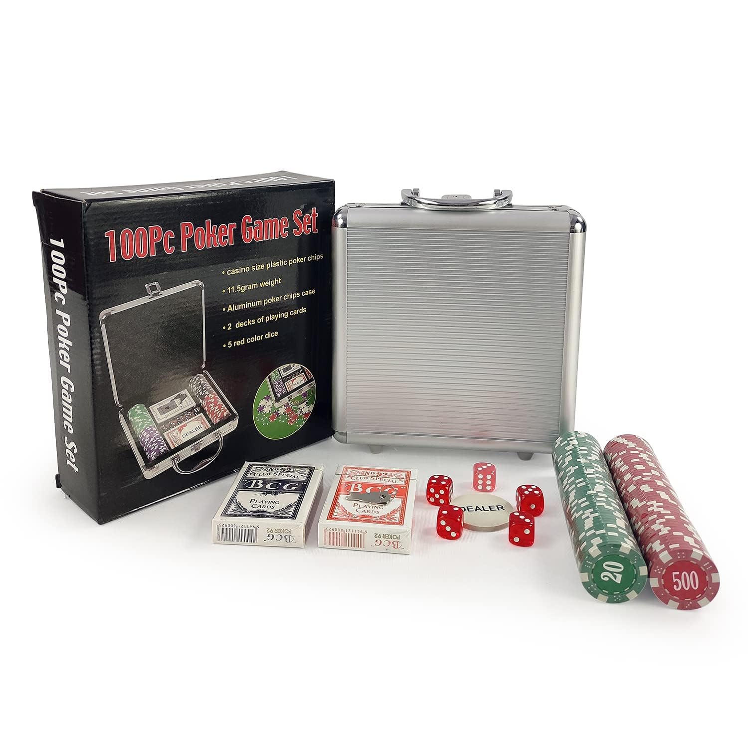 Niku Adult Casino Style 100 Chips/Pcs Poker Chips Set with A Aluminum Finish Case, 2 Decks of Cards, 5 Dice, 1 Dealer Button (Classic Multiplayer Game)