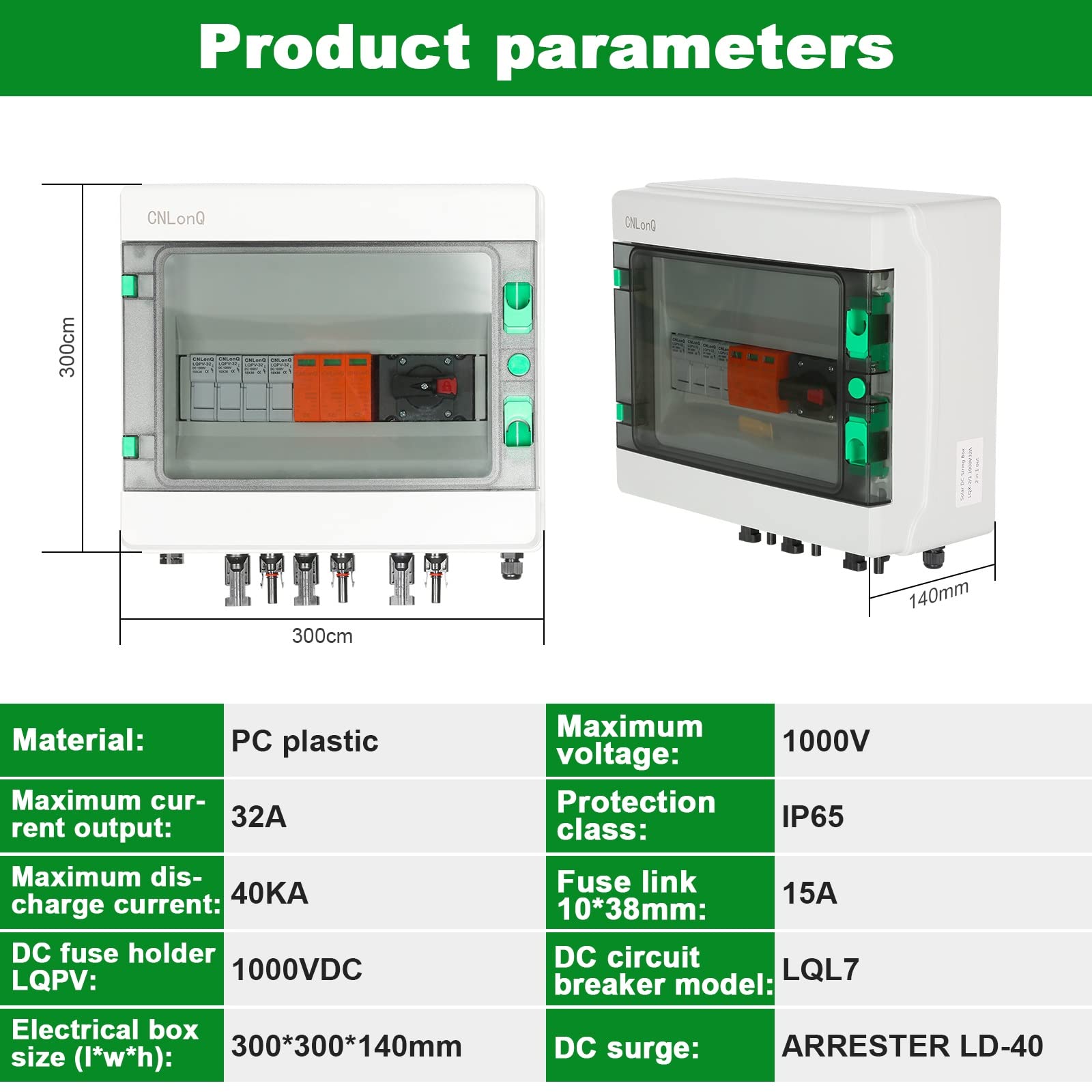 DEWIN Solar PV Combiner Box, 2 in 1 Out 2 String DC 1000V 32A Kombinierer Box 15A Sicherungen Sicherungshalter Trennschalter und Überspannungsschutz mit Wasserdichter Gehäuse