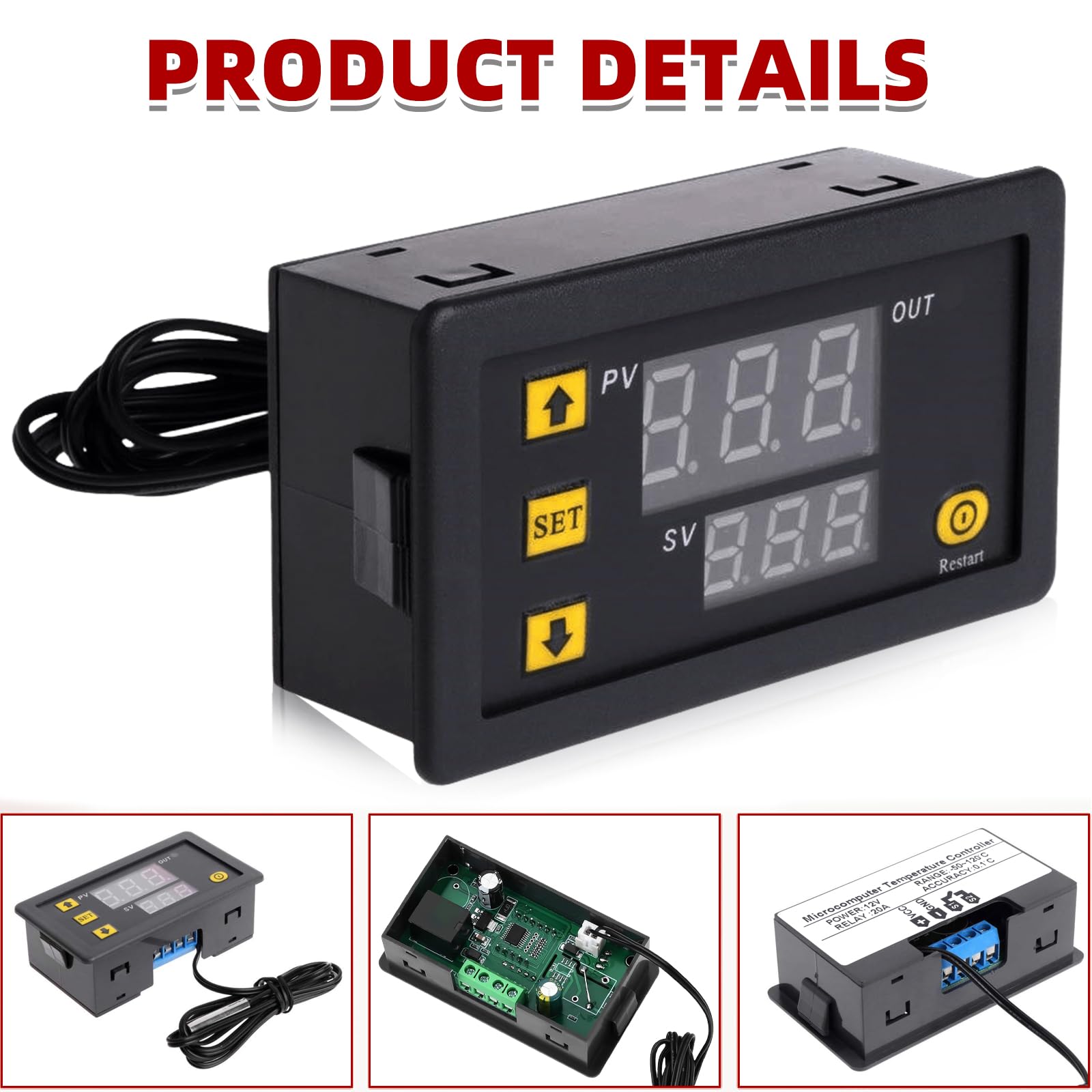 4 sztuki W3230 cyfrowy termostat, DC 12 V, 20 A, cyfrowy regulator temperatury z wyświetlaczem LCD, wodoszczelny, cyfrowy wyświetlacz, termostat grzewczy, przekaźnik regulatorowy, z sondą czujnika NTC