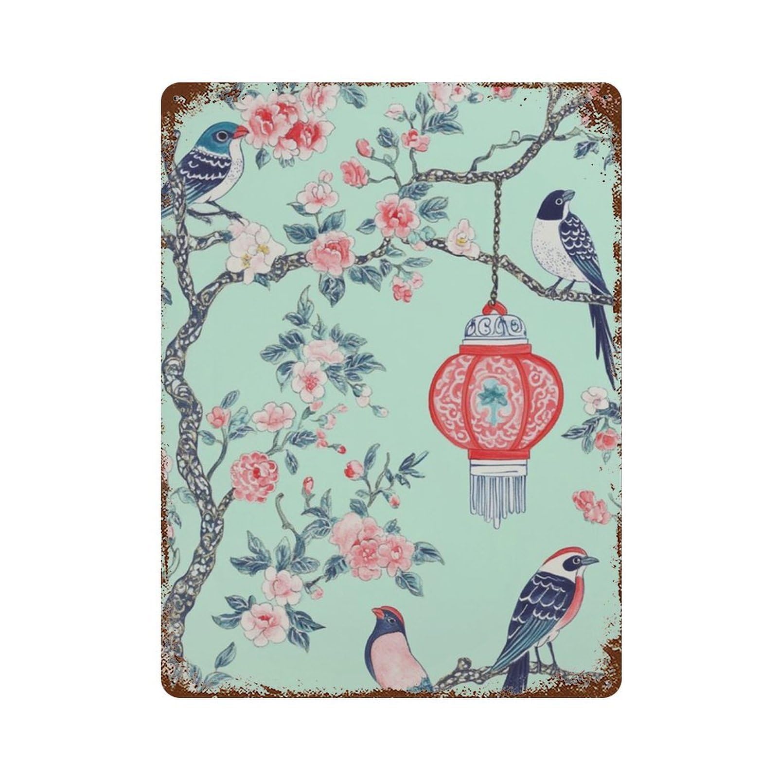 xiaoxiaoshen Chinoiserie Bird Floral Branch Oriental Lantern Work Elegant Asian Botanical Pat Wall Decor Art Metal Tin Poster Modern Home Decor Art Home Bar Shop Decorations Vintage Sign 40x30cm