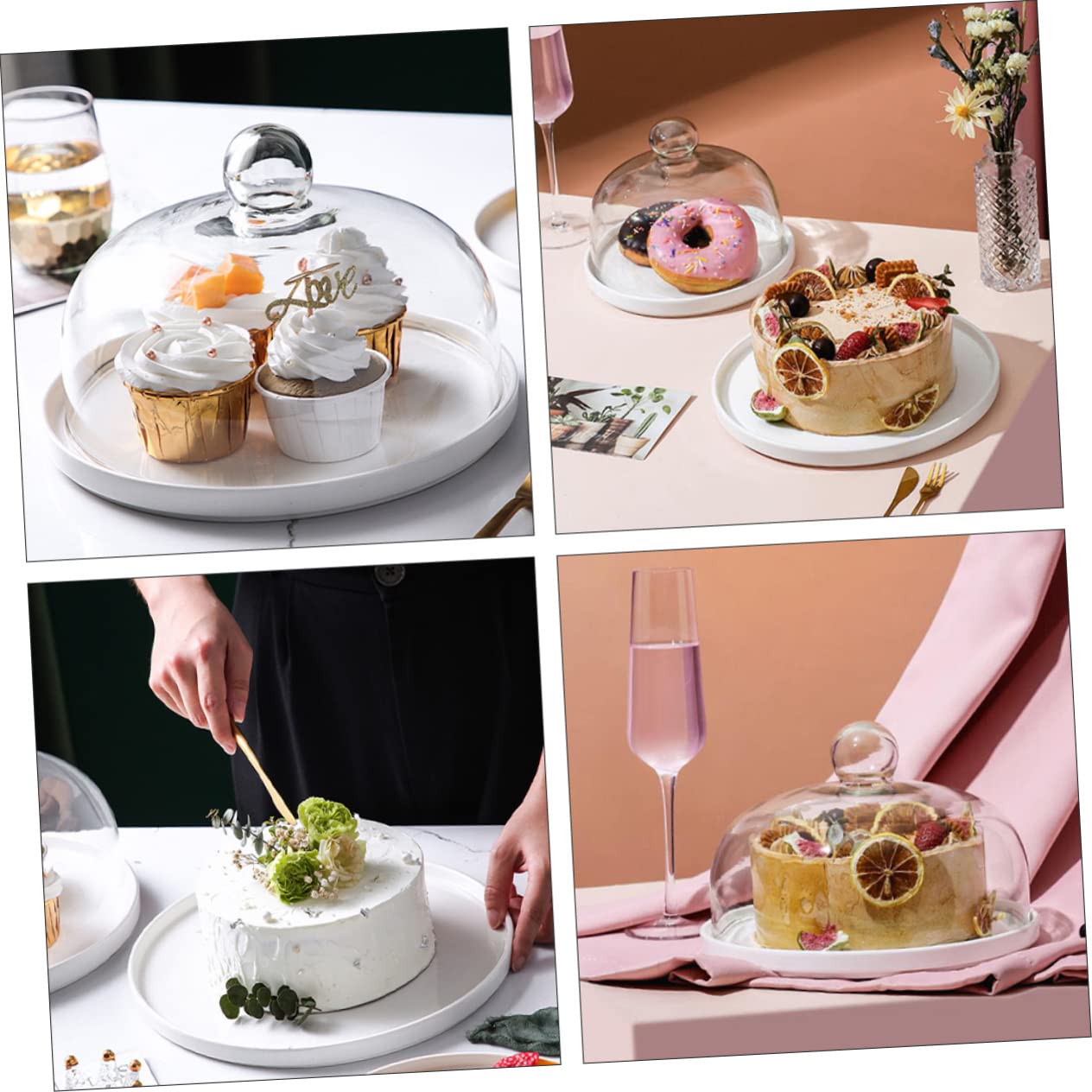 Plato de Cerámica para Tartas con Bandeja para Servir y Tapa de Vidrio Transparente de Bandeja Antipolvo para Repostería y Pastelería para Exhibición de Postres y Frutas Cocina y