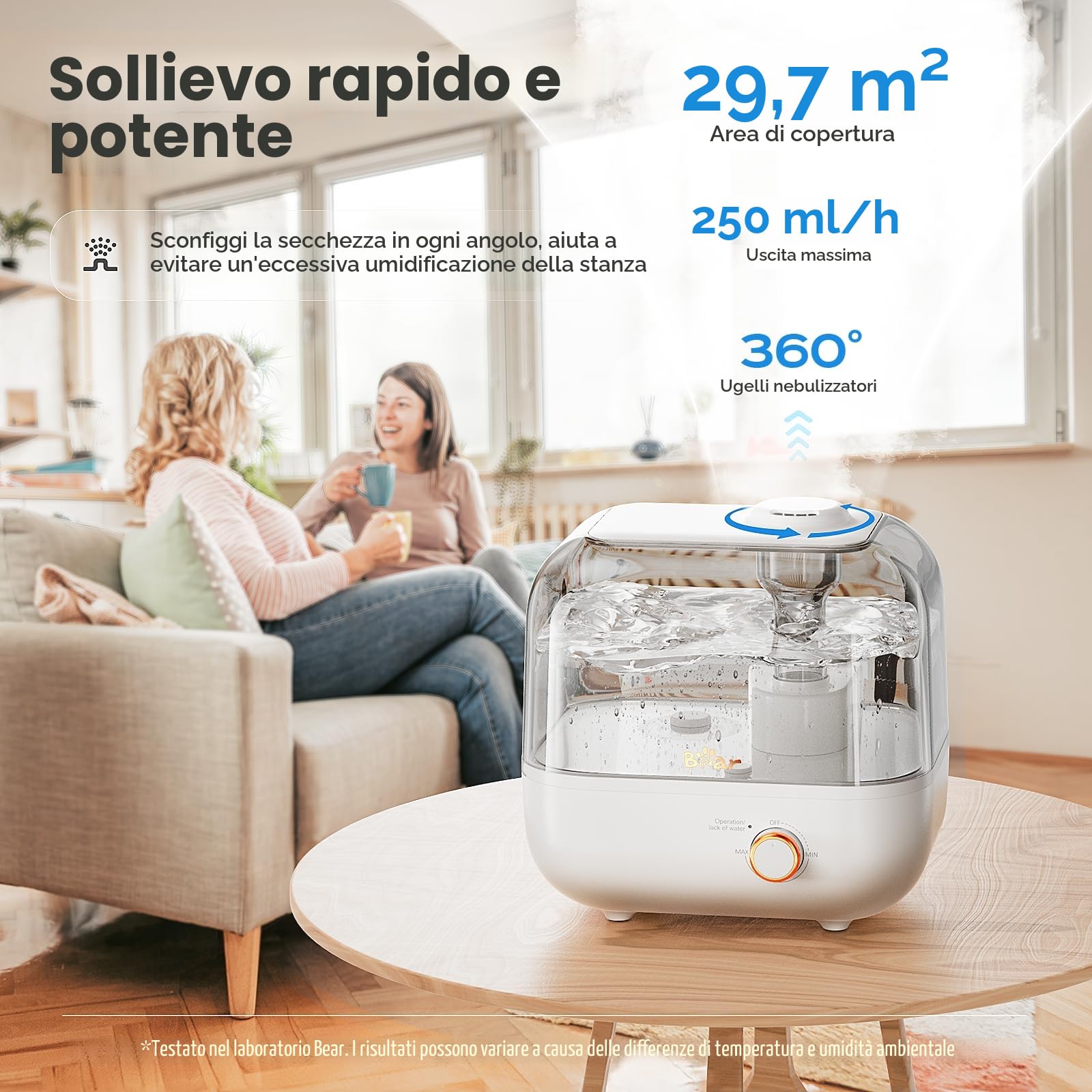 BEAR Umidificatore 5L a Riempimento Dall'alto, 28dB Ultra Silenzioso, Adatto a Bambini e Piante, 35 Ore Di Funzionamento, con Vassoio per Aromi, Ugello Rotante a 360°, Spegnimento Automatico