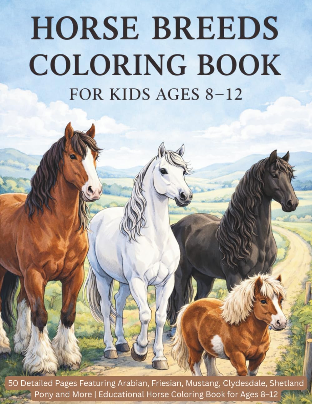 Horse Breeds Coloring Book for Kids Ages 8–12: 50 Detailed Pages Featuring Arabian, Friesian, Mustang, Clydesdale, Shetland Pony and More | Educational Horse Coloring Book for Ages 8–12