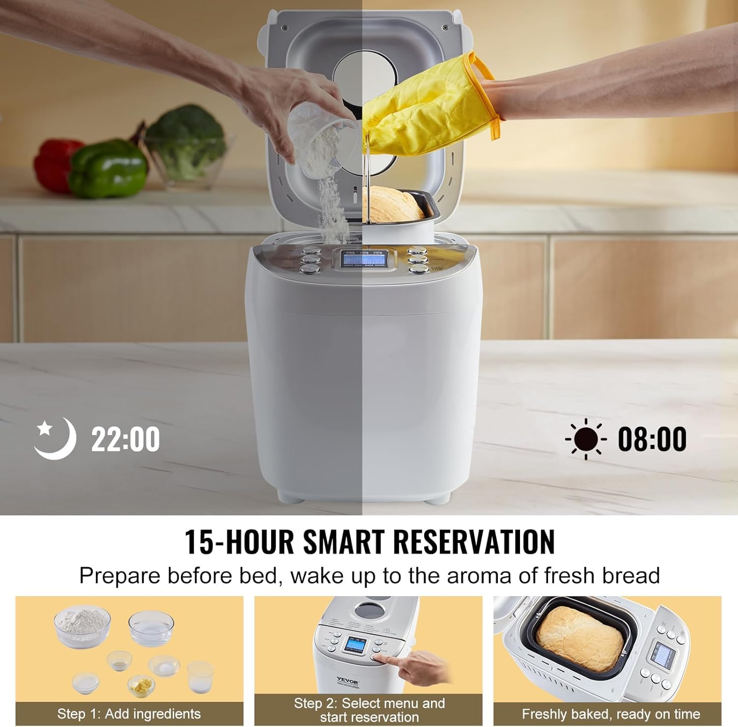 Programowalna maszyna cyfrowa z nieprzywierającą ceramiczną patelnią do ciasta bezglutenowego i zakwasowego, pojemność 1,4 kg, funkcje automatyczne