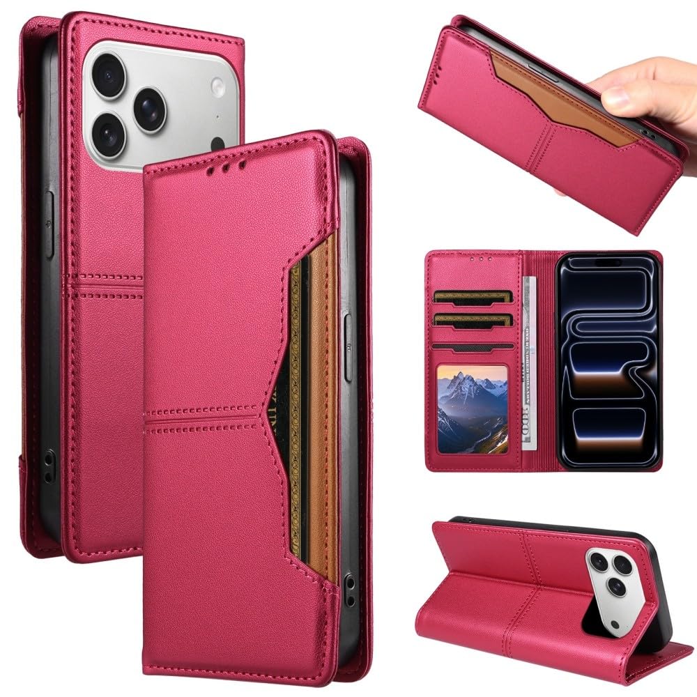 Generic Custodia compatibile con iPhone 15 Pro Max (colore: rosso) Custodia a portafoglio in pelle per carte di credito elegante
