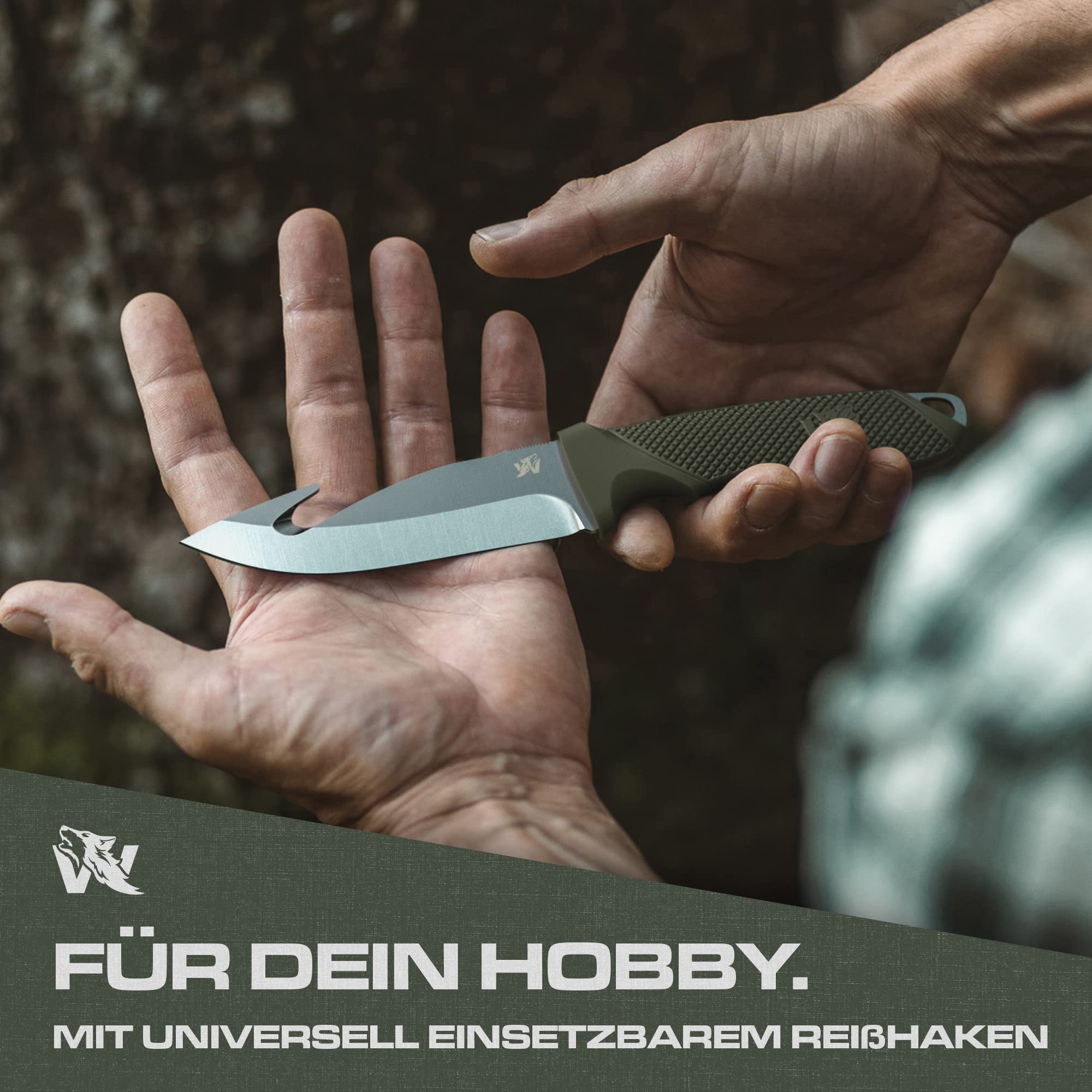 Wolfgangs WHUNTER 2 Jagdmesser feststehende Klinge mit Aufbrechhaken aus starkem D2 Stahl (Durchgängiger Erl) - Aufbrechmesser auch als Angelmesser - Survival Outdoor Messer mit robuster Scheide
