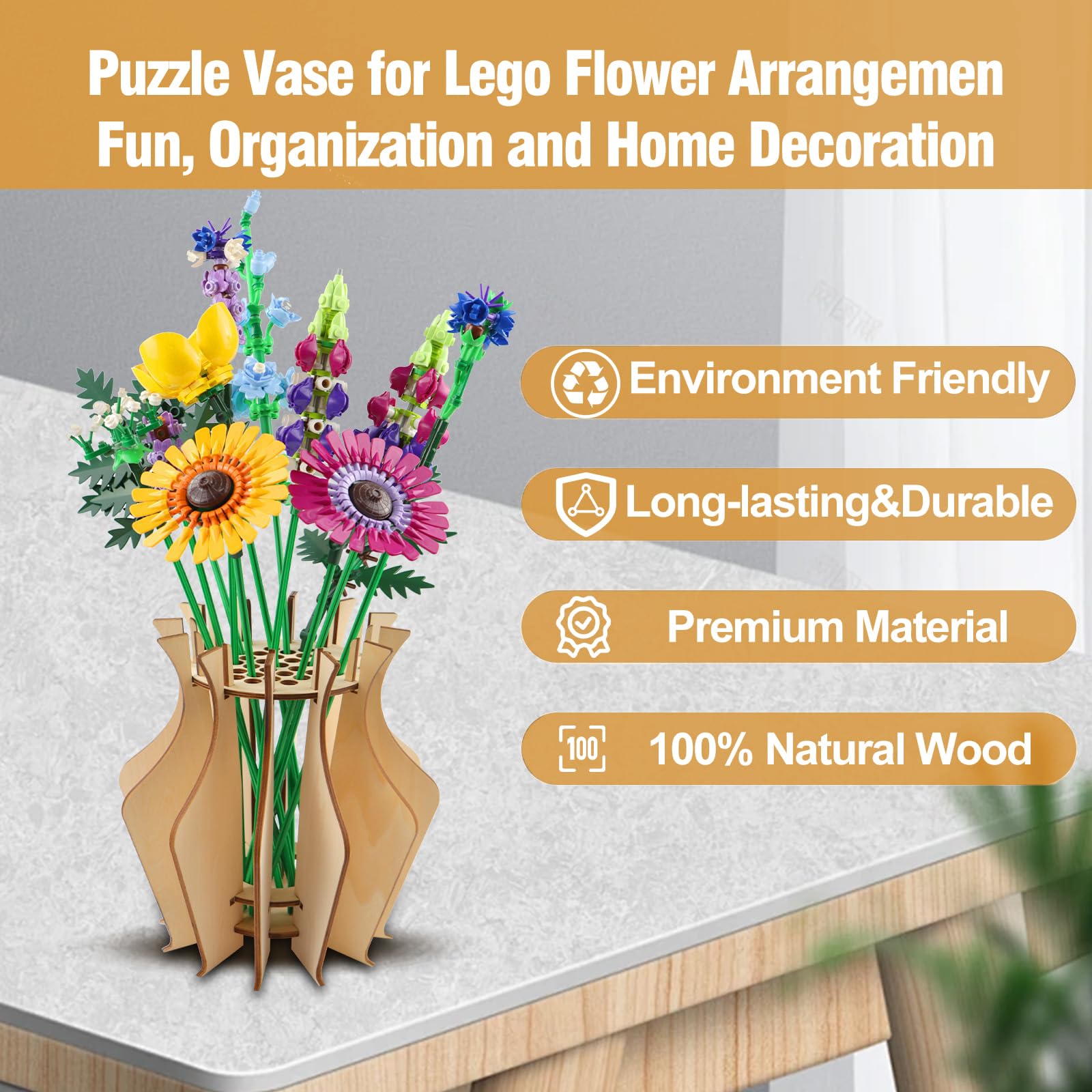 FloralGrace 1 x Wooden Vase for Lego Flower Bouquet Wooden Stand for Roses Cherry Blossom Sunflowers Tulips Narcissus Lotus (Oblique Vase) - Image 4