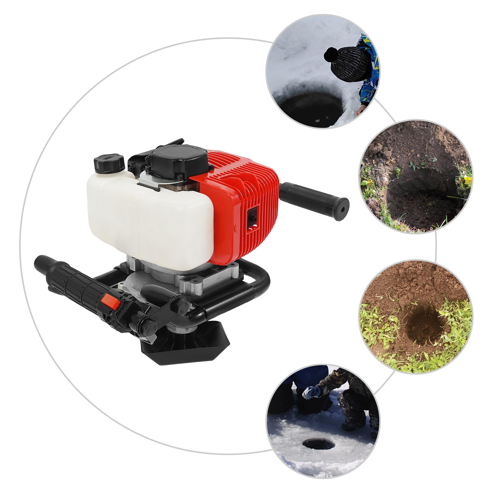 52 cc Erdlochbohrer, 2-Takt-Einzylinder-Benzinmotor für Erdbohrer, 2HP Erdbohrer-Motor, Benzin Gartenbohrer mit 4-Bohrer ø Ausgerüstet (100,150,200,300 mm)