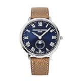 Swiss Made Classic Quartz Moonphase Silver Stainless Steel Case Watch and Brown Leather Strap Blue Dial, Style:FC-206RN3S6