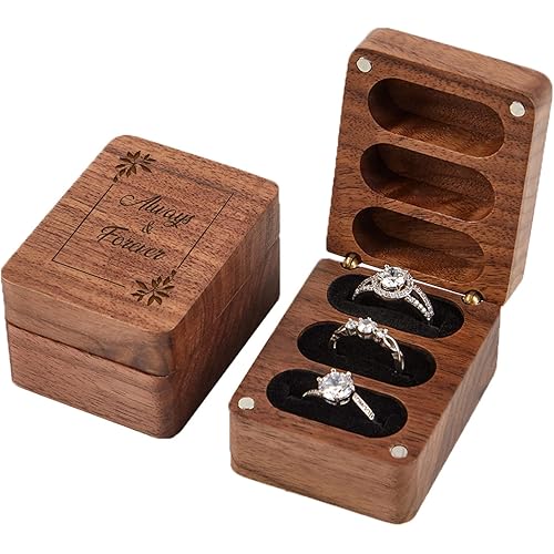 Always & Forever Ring Box 3 Slot for Wedding Ceremony Engagement Valentine's Day Birthday Ring Bearer Box Walnut Wooden Ring Box Engrave Wedding Ring Box- Black Lining