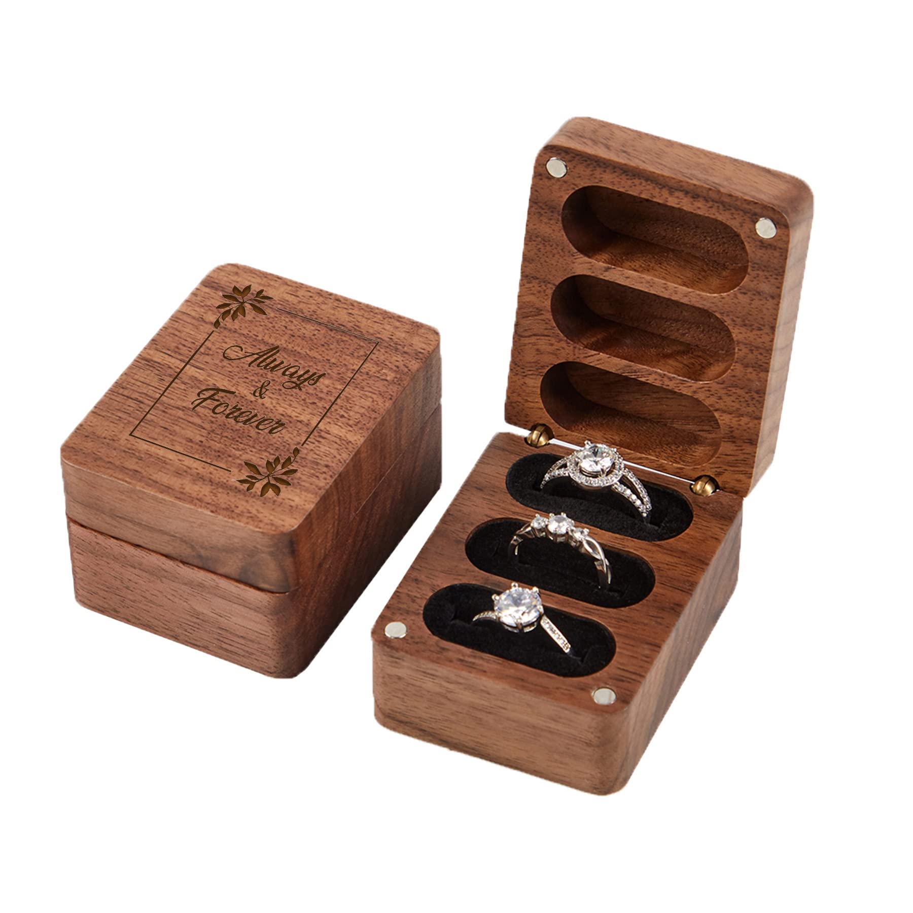 Roycraft Always & Forever Ring Box 3 Slot for Wedding Ceremony Engagement Birthday Ring Bearer Box Walnut Wooden Engraved - Black Lining