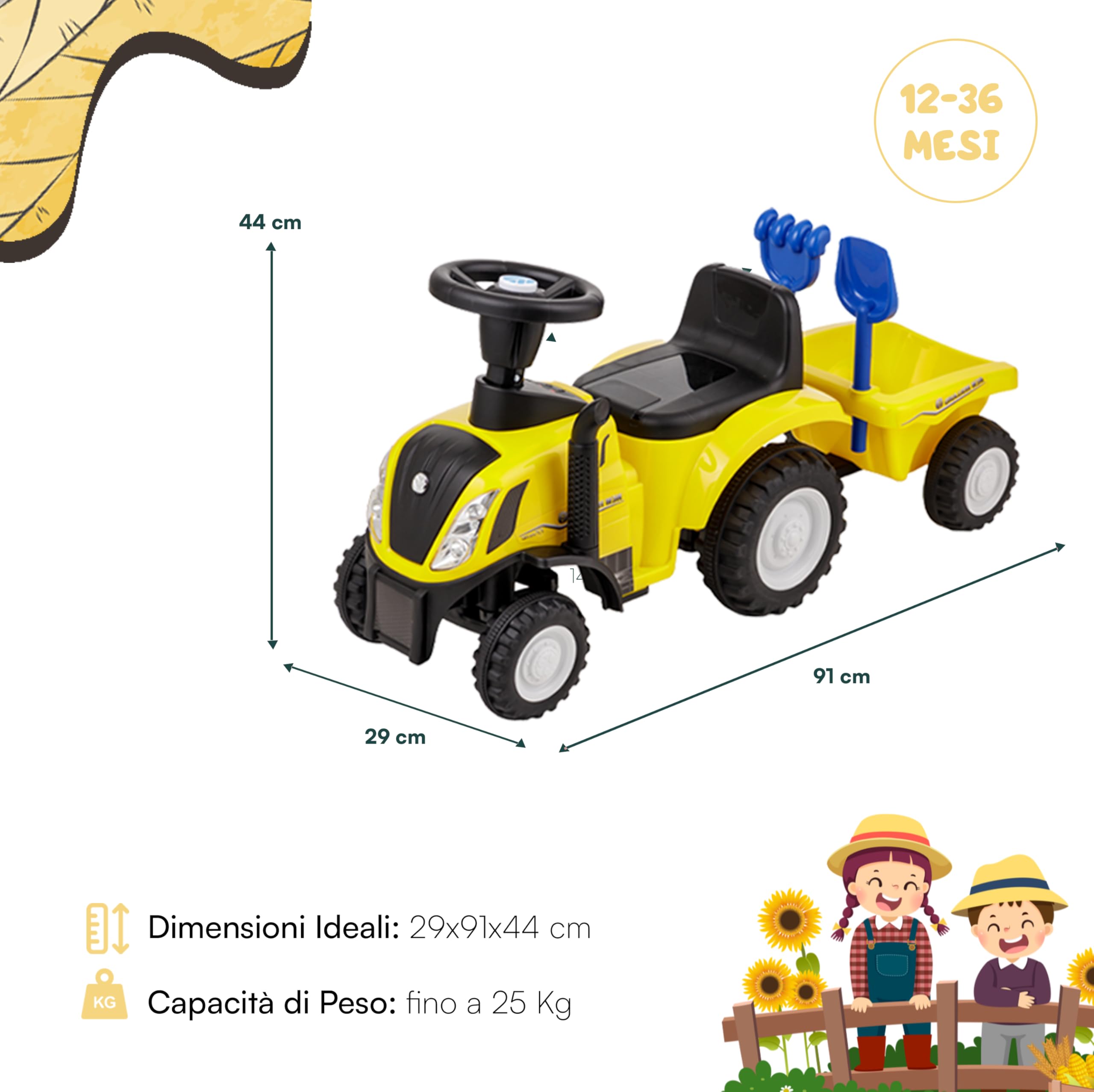 Baroni Toys Trattore Ride-On con Rimorchio per Bambini dai 12 a 36 mesi, Trattore con Clacson ad Aria, Volante Sterzante, Suoni e Fari Funzionanti, Paletta e Rastrello Inclusi, 29x91x44 cm, Giallo