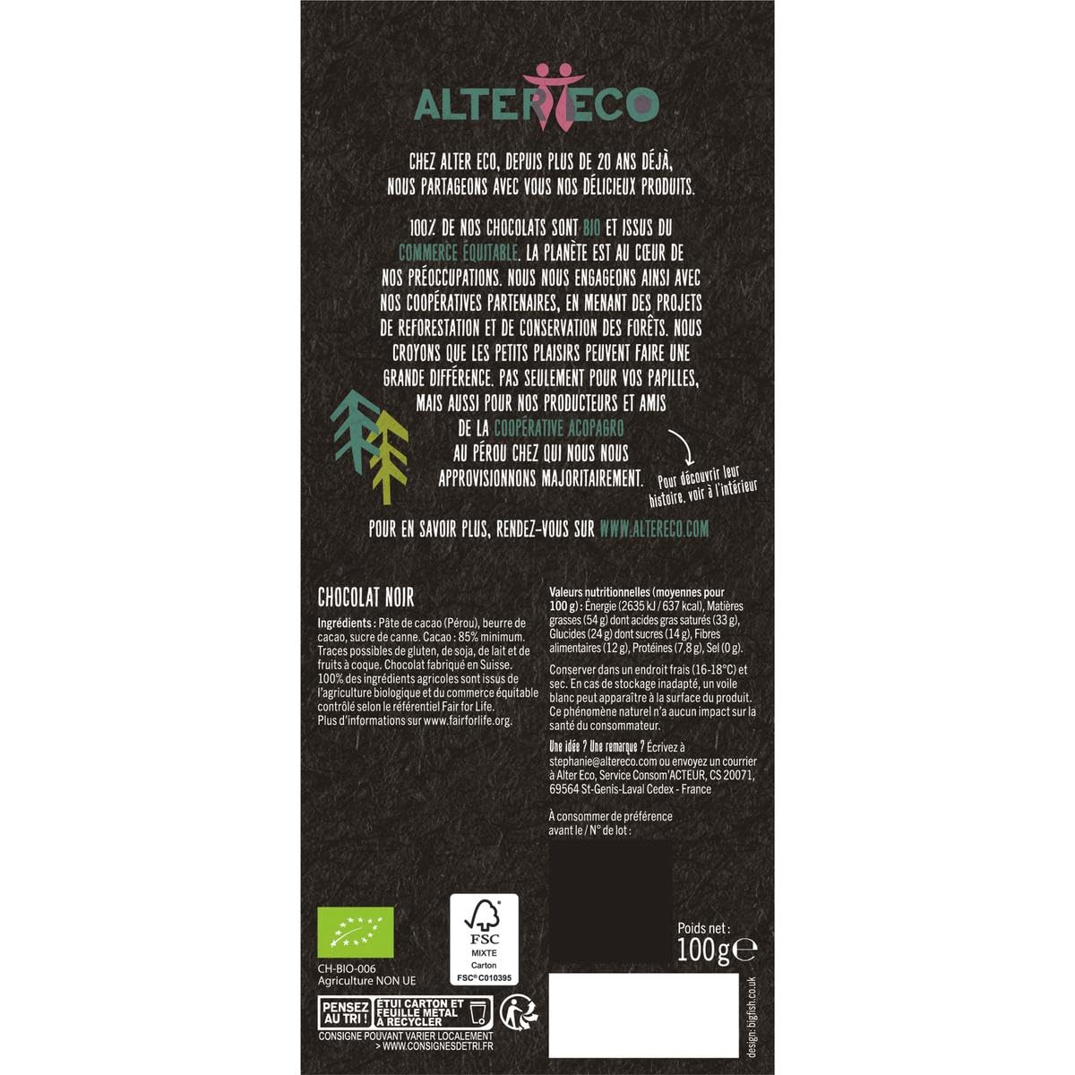 ALTER ECO - COMMERCE EQUITABLE - Alter Eco - Commerce Equitable Chocolat Noir Absolu 85% Pérou, Bio, 100G - 100G - Lot De 3 - Vendu Par Lot