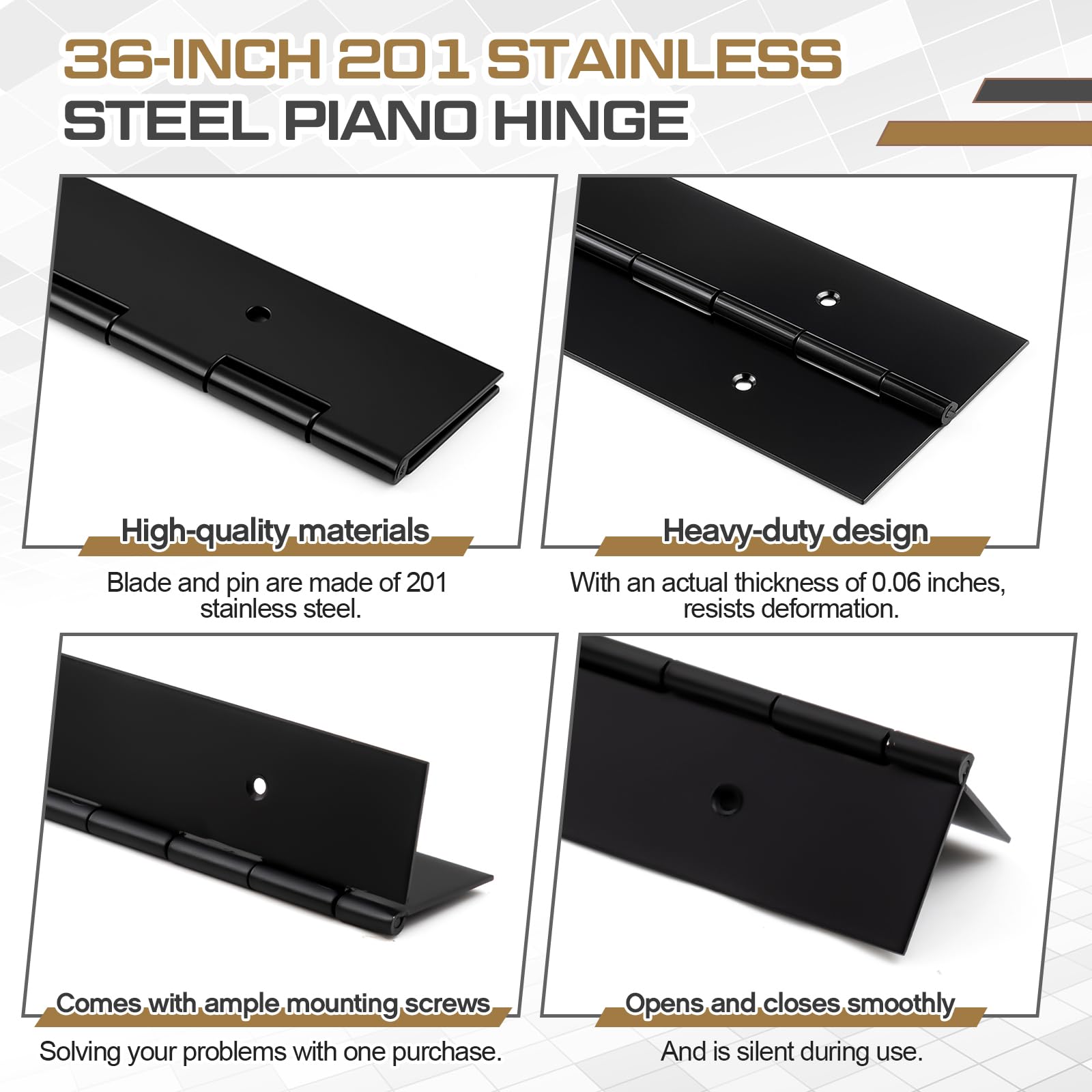 Heavy Duty Piano Hinge – 36” X 3” X 0.060” Thick, Stainless Steel, 2-Pack