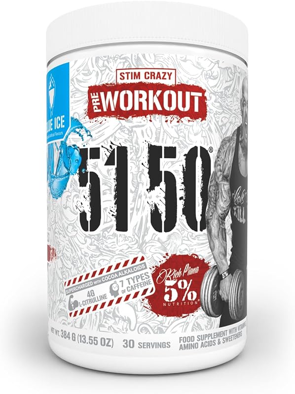 5% Nutrition 5150 High Stim Pre Workout Powder (Blue Ice) | Extreme Energy, Focus, Pumps, Endurance | 400mg Caffeine, Citrulline, Beta Alanine, N-Acetyl L-Tyrosine, Alpha GPC, Huperzine