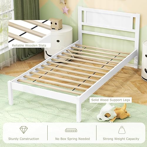 Miniatura 5 de Giantex Marco de cama individual de madera con cabecero, cama moderna de plataforma de madera maciza con soporte de listones de madera, no necesita