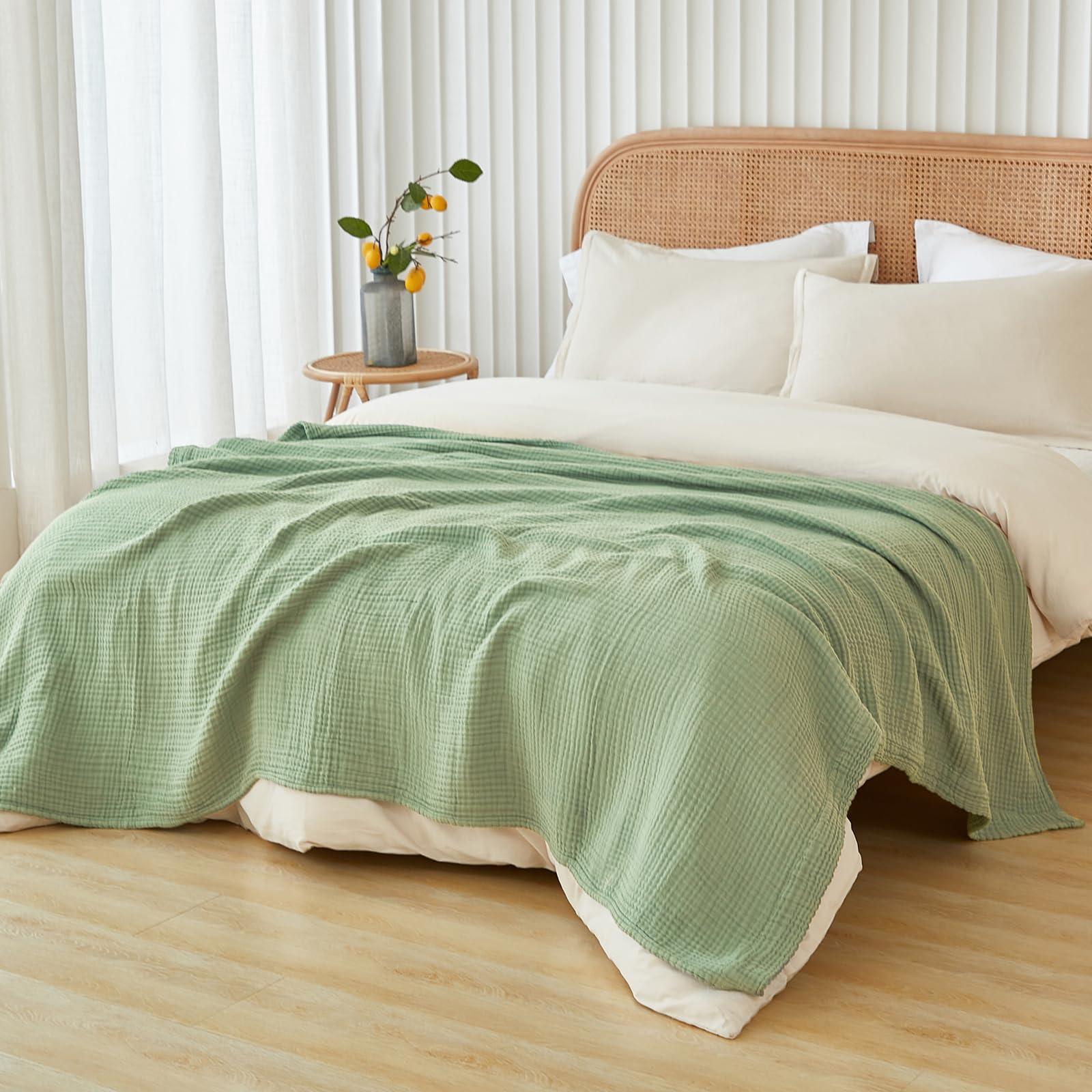 EMME Coperta in cotone per letto matrimoniale, morbida, traspirante, per tutte le stagioni, 203 x 228 cm, verde salvia