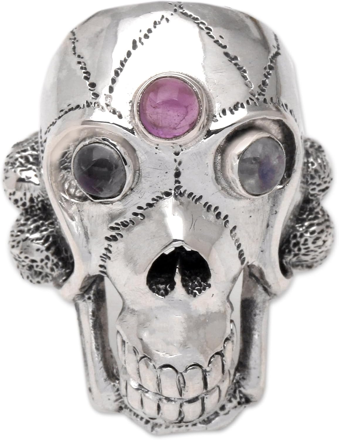 NOVICA Artisan Handmade Men's Rainbow Moonstone Amethyst Ring Indonesian Silver Skull Sterling Clear Purple Multi Birthstone Halloween Day of The Dead 'Immortal'