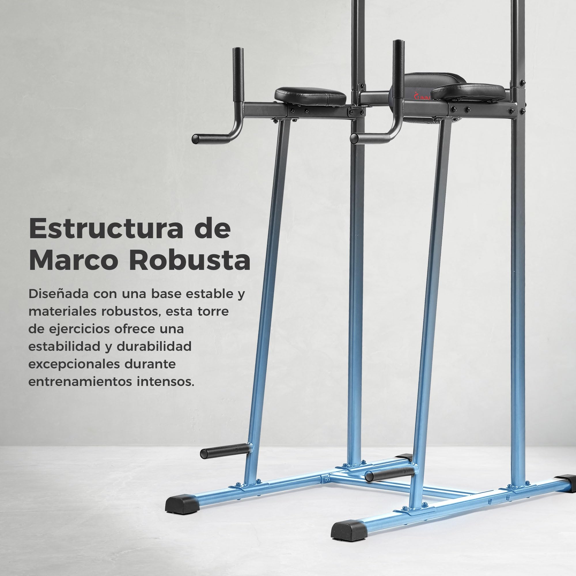 Sunny Health & Fitness Torre de Potencia, Barra para Fondos, Estación de Paralelas con Asistencia para Flexiones y Dominadas, con Agarre Opcional Tipo Escalada
