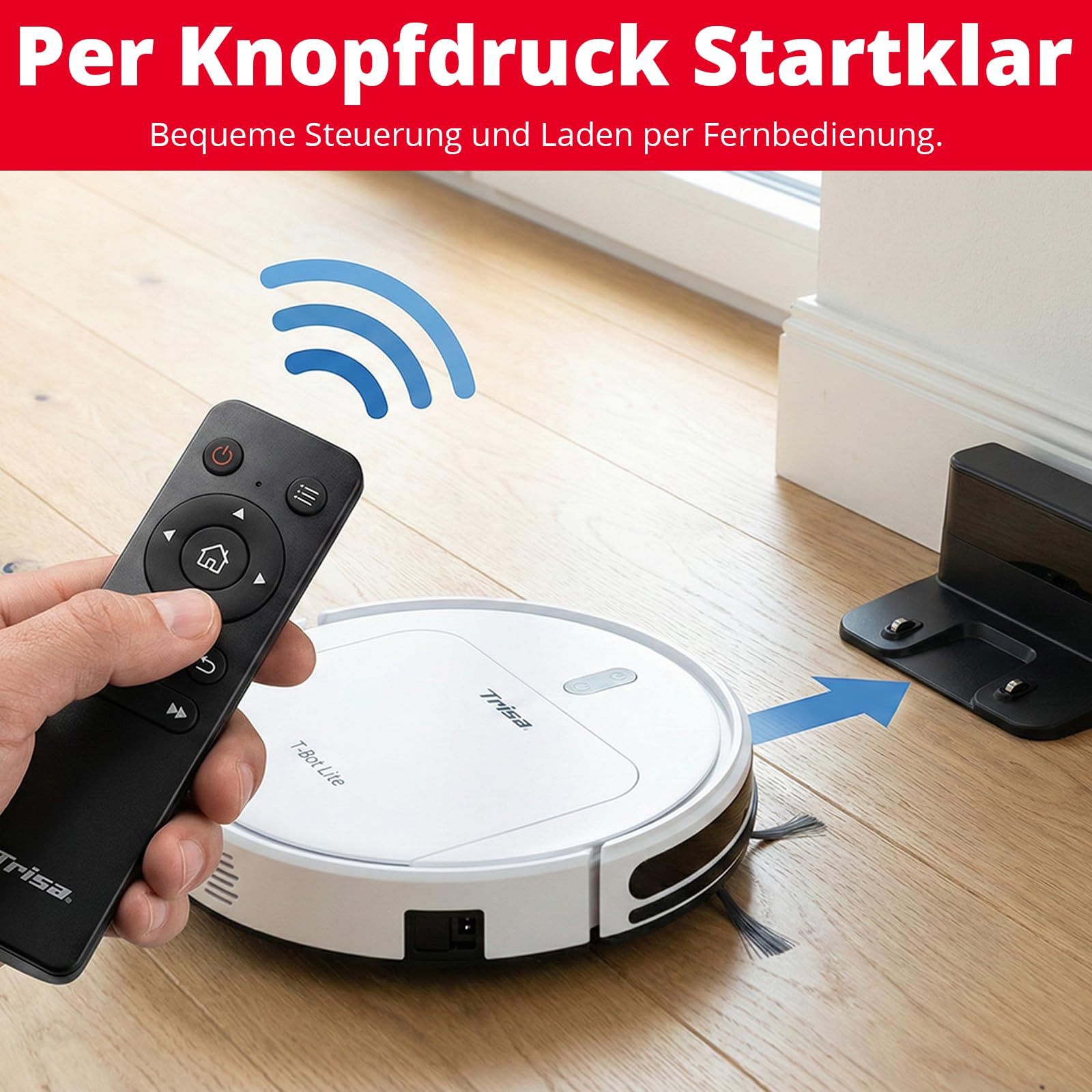 Trisa T-Bot Lite Saugroboter, 1300Pa, HEPA-Filter & Magnetband-Abgrenzung | 1300 Pa Saugkraft, 90 Min Laufzeit, HEPA-Filter für Allergiker, Magnetband-Abgrenzung, 5 Jahre Garantie