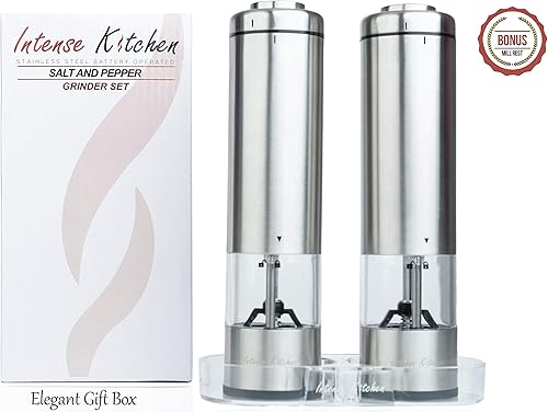 Miniatura 2 de Juego de molinillo eléctrico de sal y pimienta - Acero inoxidable a pilas con molinos de contenedores ligeros y transparentes (2) - Grueso de