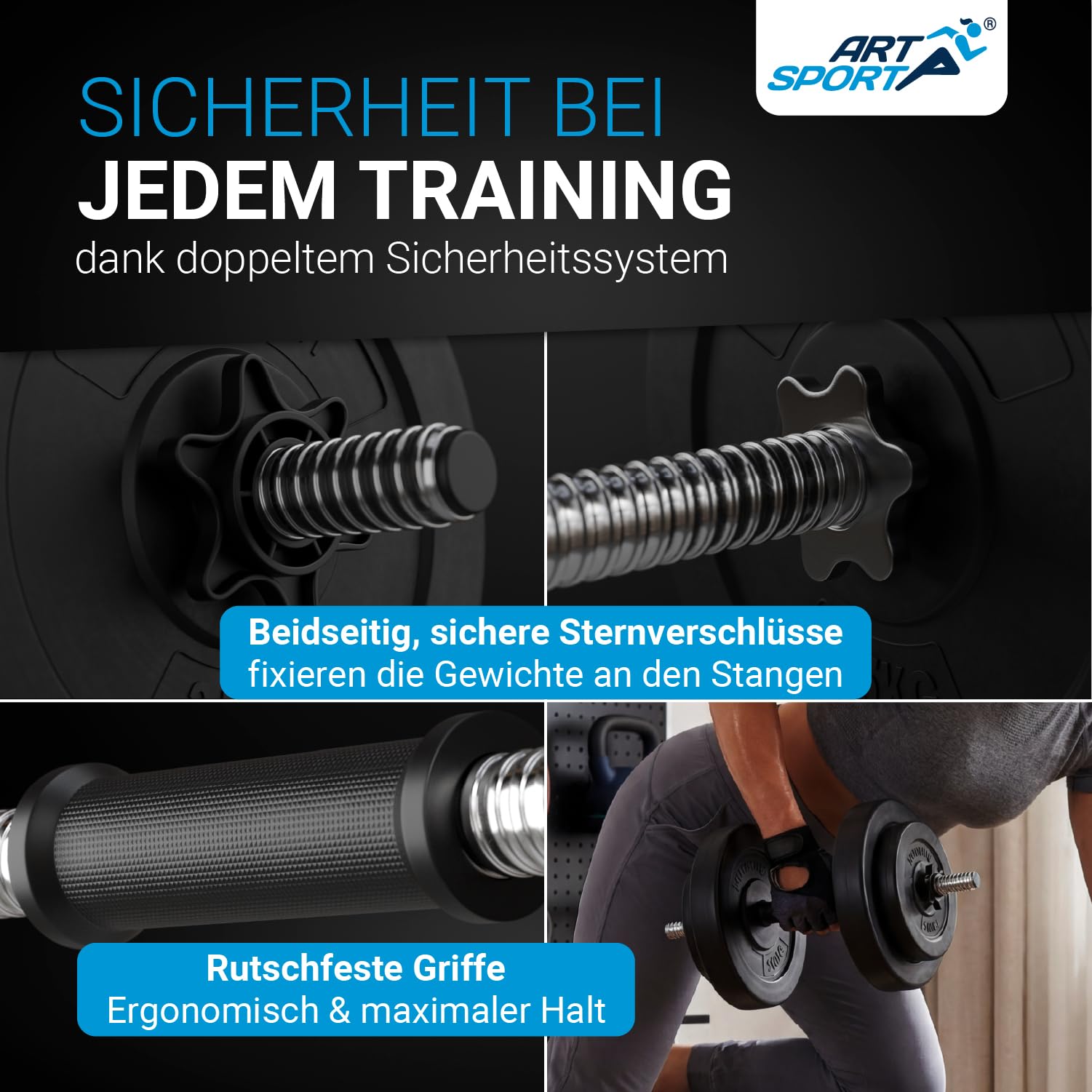 ArtSport® 3in1 Hantelset mit 2 Kurzhanteln, 1 Langhantel & 1 SZ Curlhantel - 12 Gewichte mit 60kg und Sternverschlüssen - Hantel Set Krafttraining