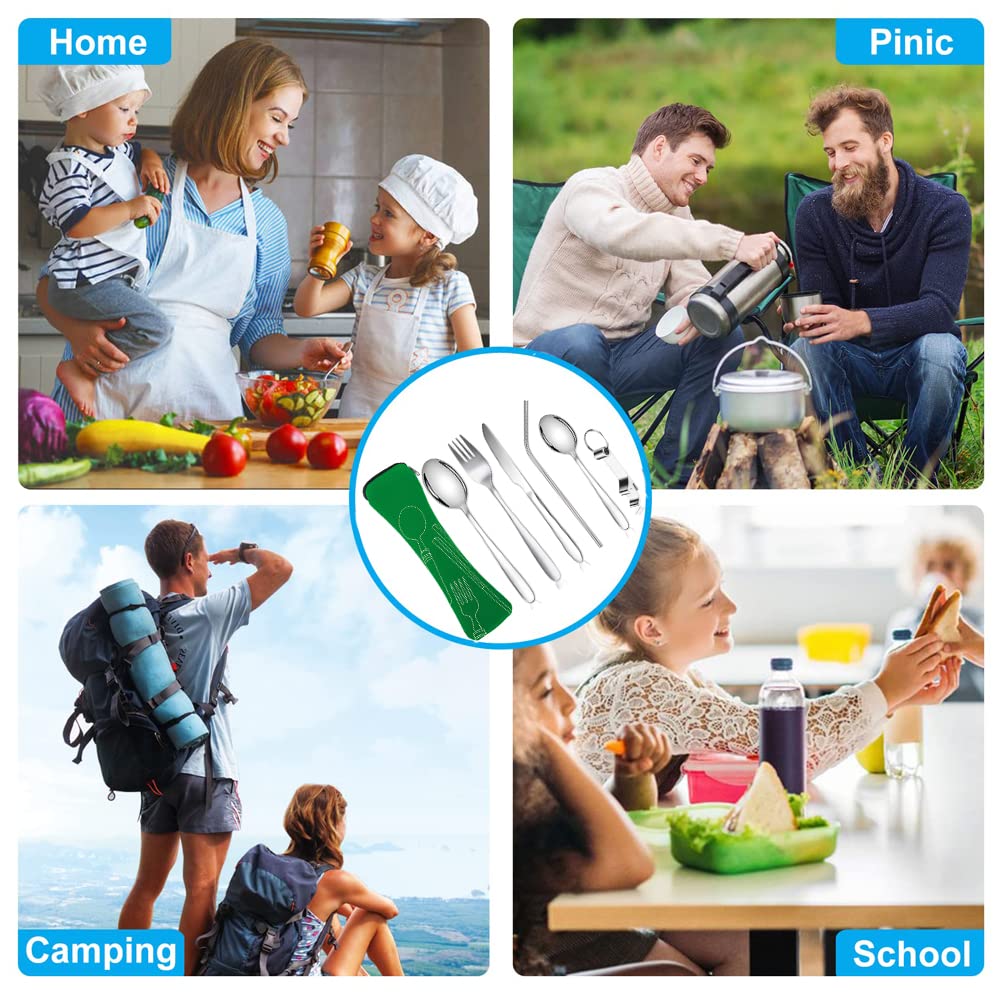 Set Posate da Viaggio 6 Pezzi,304 di Posate in Acciaio Inossidabile Nucleo da Pranzo Con Coltelli, Forchetta,Cucchiaio,Apri Bottiglia,Cannucce Neoprene Borsa per Picnic Scuola da All'aperto(Verde)