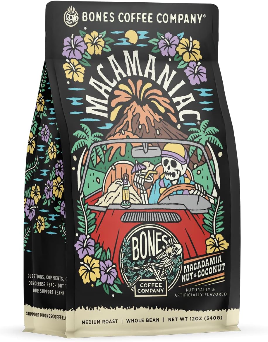 Macamaniac, Macadamia and Coconut Flavored Coffee, Medium Roast Low Acid Arabica Beans Compatible with Auto drip and French Press Coffee Maker, 12 Oz Whole Bean