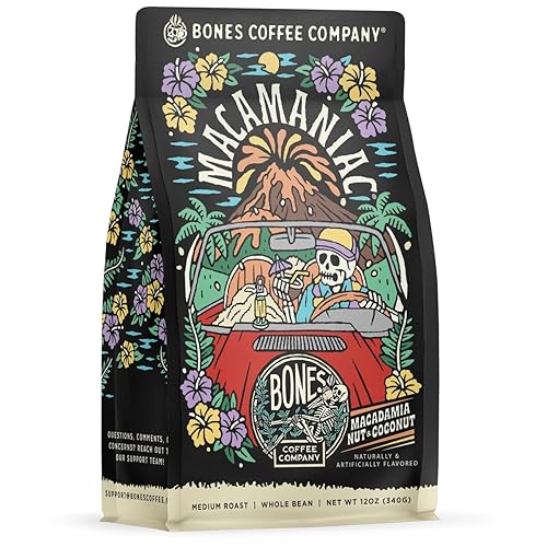 Bones Coffee Company Granos de café enteros con sabor a macamaniac sabor a macadamia y coco regalos de café saborizado de 12 onzas bebidas de café