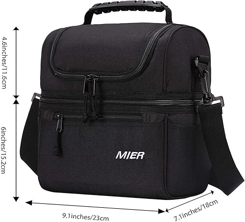Miniatura 5 de MIER Bolsa de almuerzo con 2 compartimentos para hombres y mujeres, a prueba de fugas, bolsa térmica aislada para el trabajo (azul y negro)
