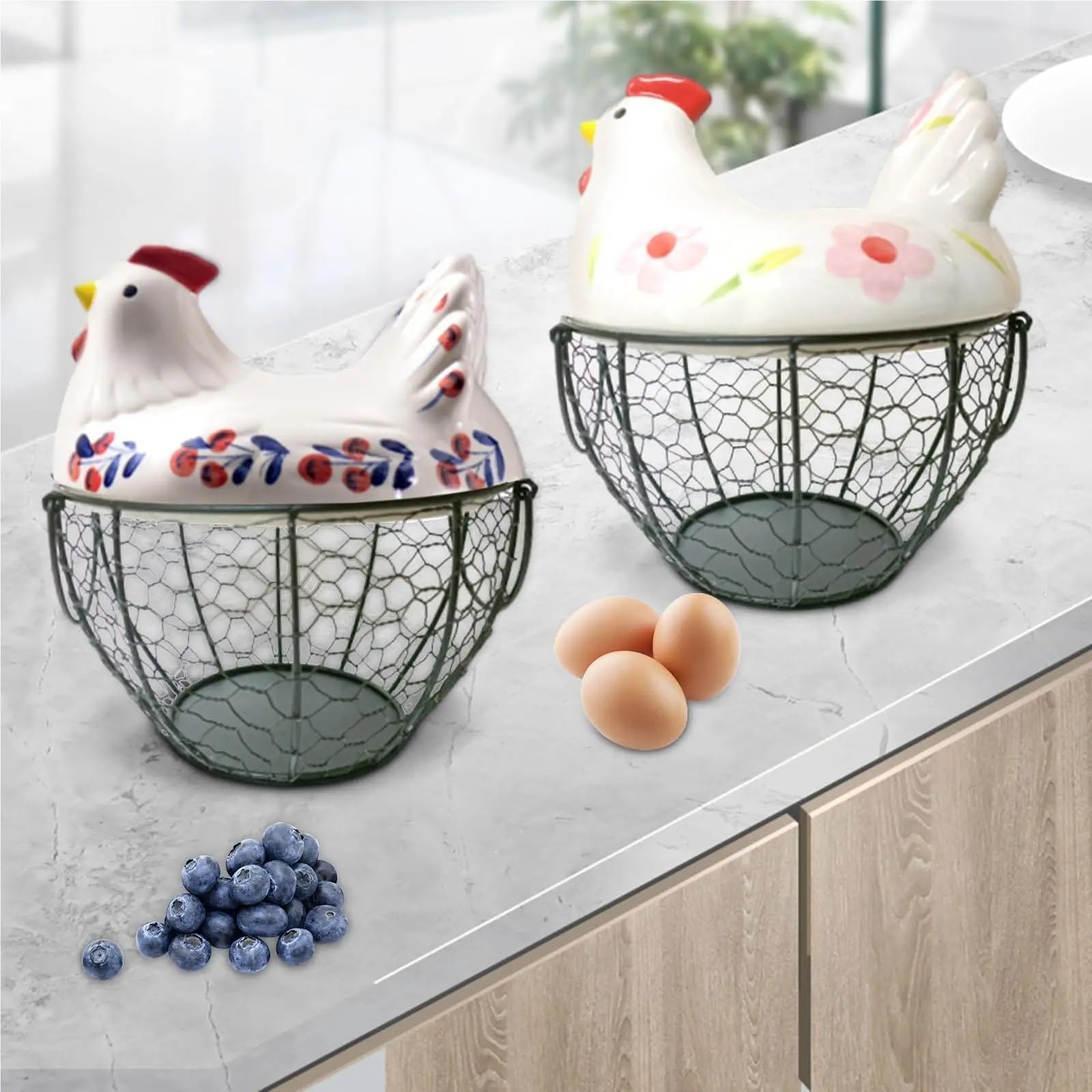 Recolección de huevos frescos, huevera rústica for encimeras frutas, despensas cocina y verduras