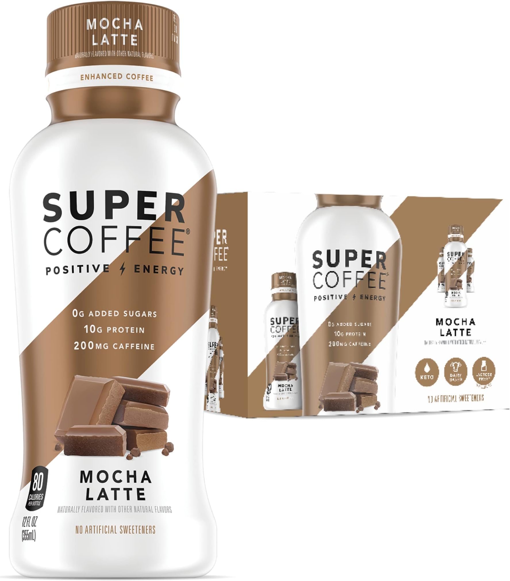 Super Coffee, Iced Keto Coffee (0g Added Sugar, 10g Protein, 80 Calories) [Mocha Latte] 12 Fl Oz, 24 Pack | Iced Coffee, Protein Coffee, Coffee Drinks, Smart Coffee - SoyFree GlutenFree
