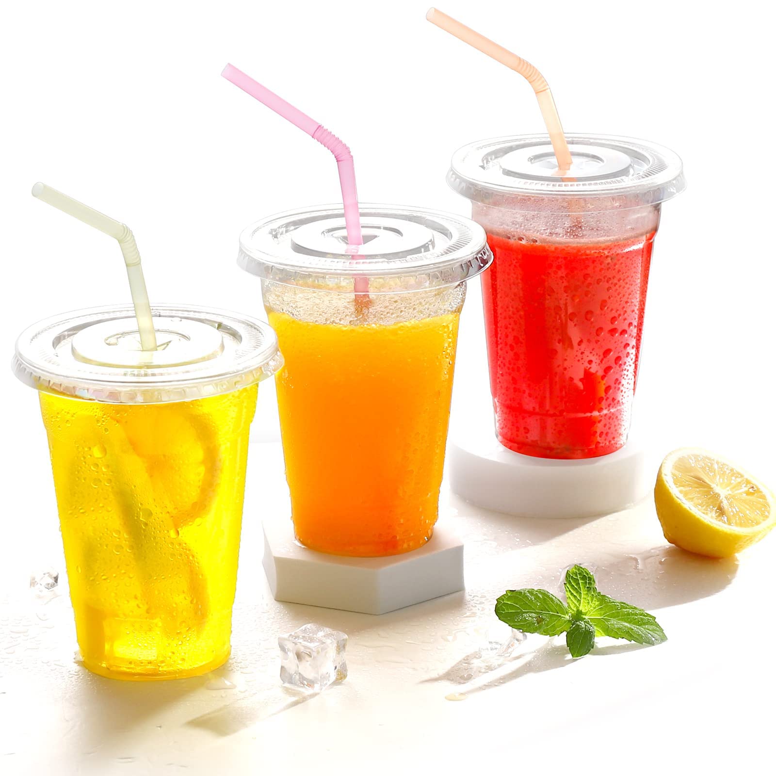 SYOSI 100 Sets Plastic Cups with Flat Lids, Clear Disposable Plastic Party Cups with Flat Lids to Go, Cold Drink Cups, Smoothie Cups, Milkshake Cups 24 oz